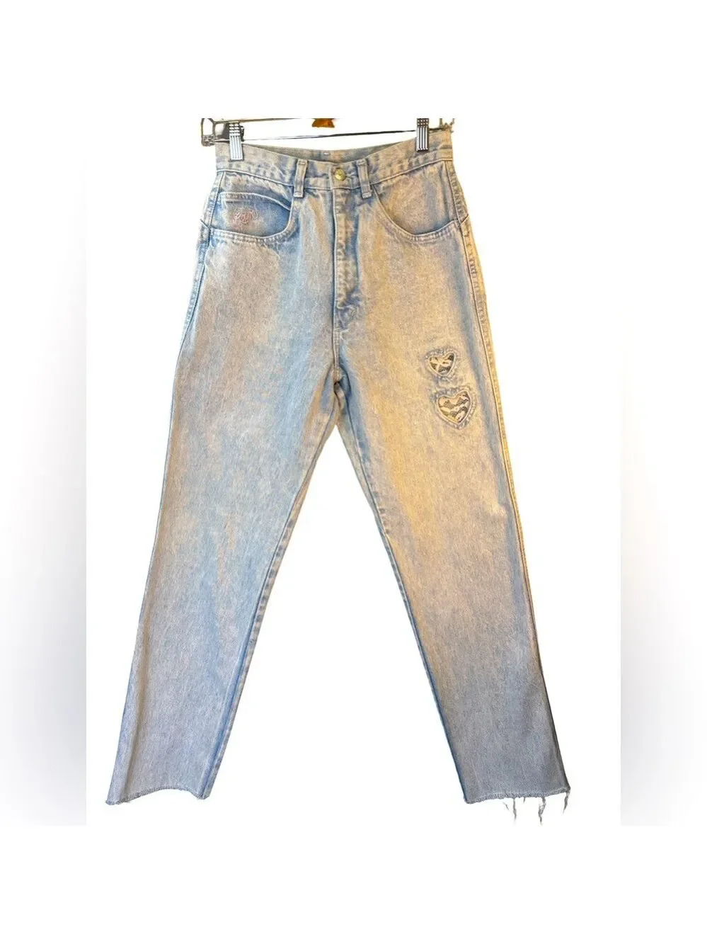 Roper Light Blue Women's Skinny Jeans with Heart Patches Frayed Hem 9/10